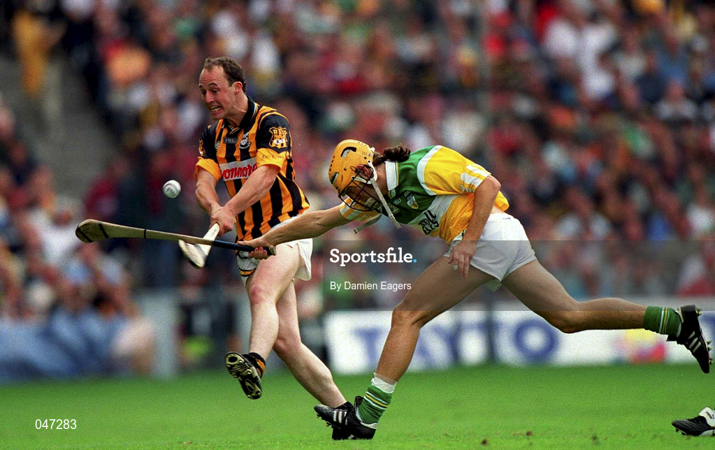 10 September 2000; Andy Comerford of Kilkenny in action against Ger Oakley of Offaly during the All-Ireland Senior Hurling Championship Final match between Kilkenny and Offaly at Croke Park in Dublin. Photo by Damien Eagers/Sportsfile