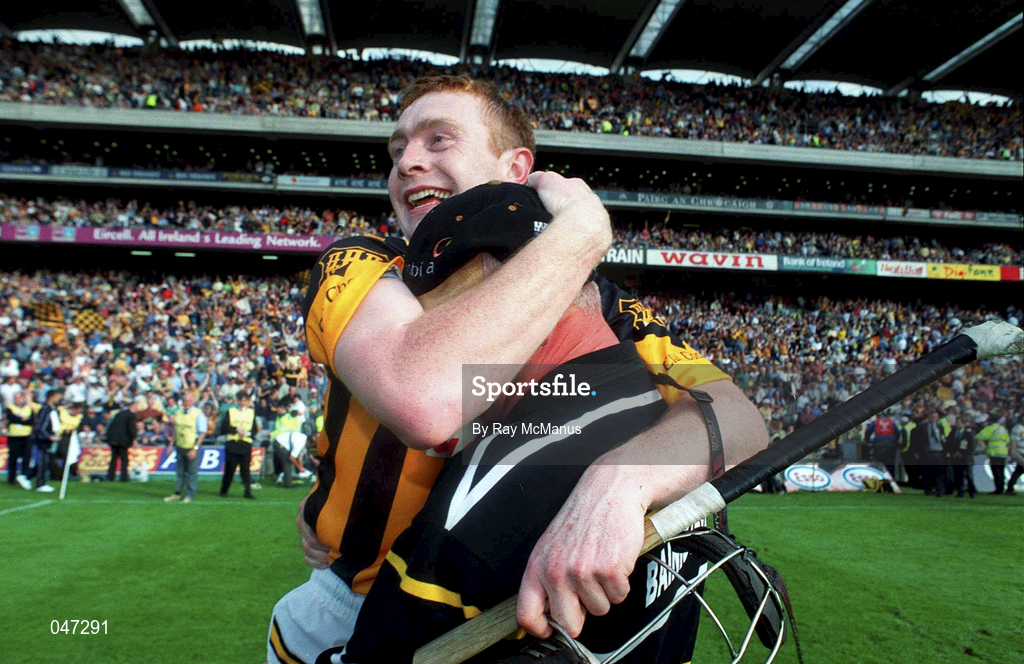 10 September 2000; Kilkenny's Peter Barry embraces his manager Brian Cody after the All-Ireland Senior Hurling Championship Final match between Kilkenny and Offaly at Croke Park in Dublin. Photo by Ray McManus/Sportsfile