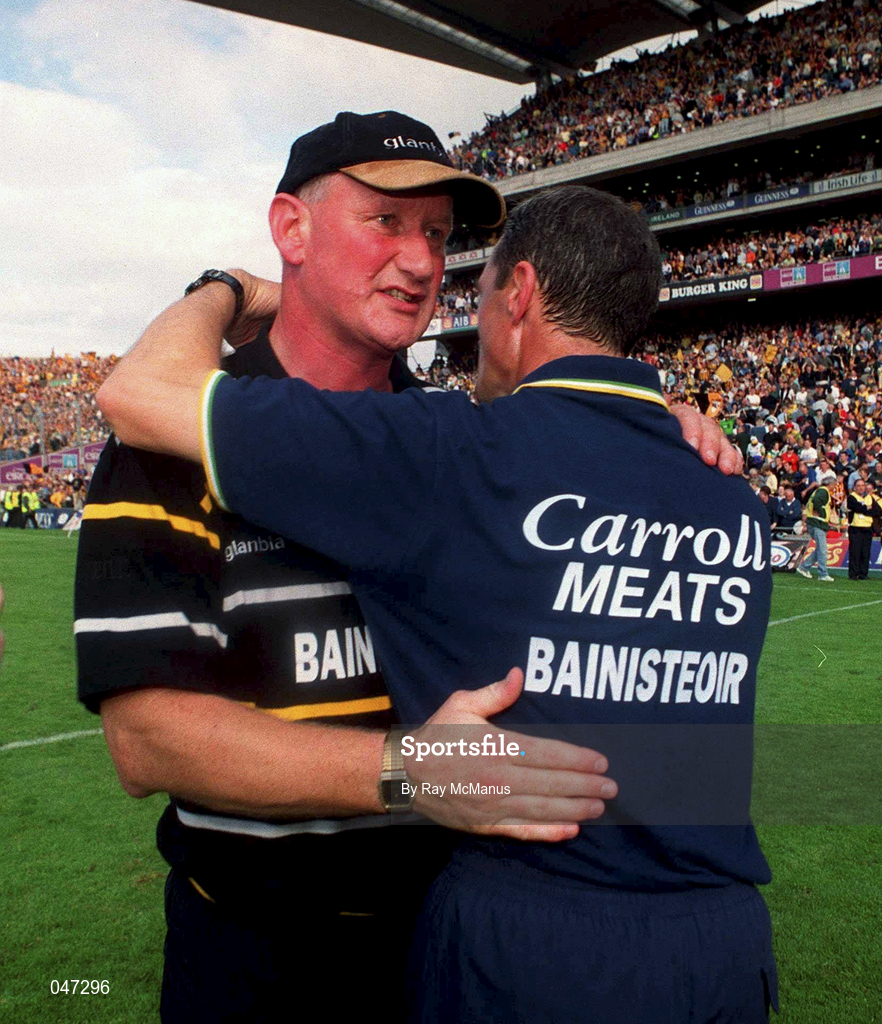 10 September 2000;  Kilkenny Manager Brian Cody consoles Offaly Manager Pat Fleury following the All-Ireland Senior Hurling Championship Final match between Kilkenny and Offaly at Croke Park in Dublin. Photo by Ray McManus/Sportsfile