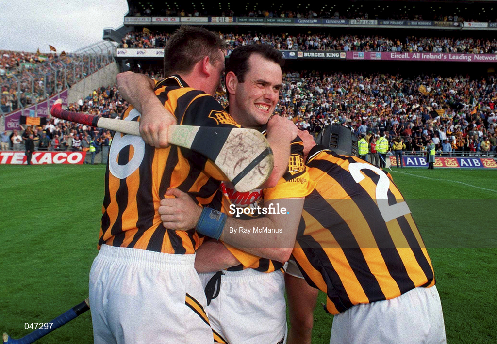 10 September 2000; Brian McEvoy of Kilkenny, centre, celebrates with Eamon Kennedy, left and Michael Kavanagh (2) after the All-Ireland Senior Hurling Championship Final match between Kilkenny and Offaly at Croke Park in Dublin. Photo by Ray McManus/Sportsfile