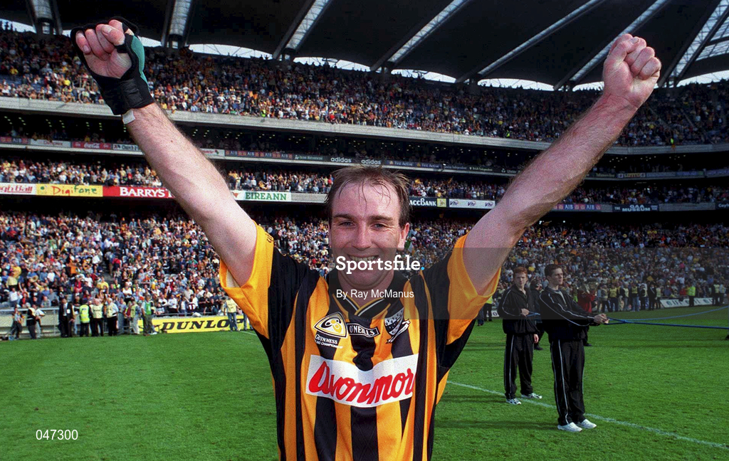 10 September 2000; DJ Carey of Kilkenny celebrates on Hill 16 after the All-Ireland Senior Hurling Championship Final match between Kilkenny and Offaly at Croke Park in Dublin. Photo by Ray McManus/Sportsfile