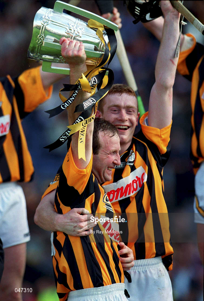 10 September 2000; Kilkenny captain Willie O'Connor lifts the Liam MacCarthy Cup with team mate Peter Barry after the All-Ireland Senior Hurling Championship Final match between Kilkenny and Offaly at Croke Park in Dublin. Photo by Ray McManus/Sportsfile