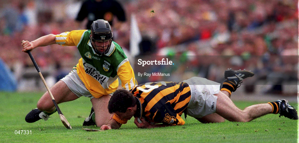 10 September 2000; Philip Larkin of Kilkenny in action against Brendan Murphy of Offaly during the All-Ireland Senior Hurling Championship Final match between Kilkenny and Offaly at Croke Park in Dublin. Photo by Ray McManus/Sportsfile