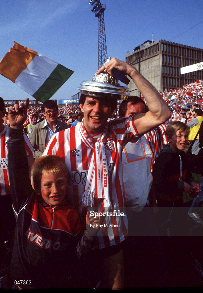 30 April 1989; John Coady of Derry City celebrates after the Fai Cup Final match between Derry City and Cork City at Dalymount Park in Dublin. Photo by Ray McManus/Sportsfile