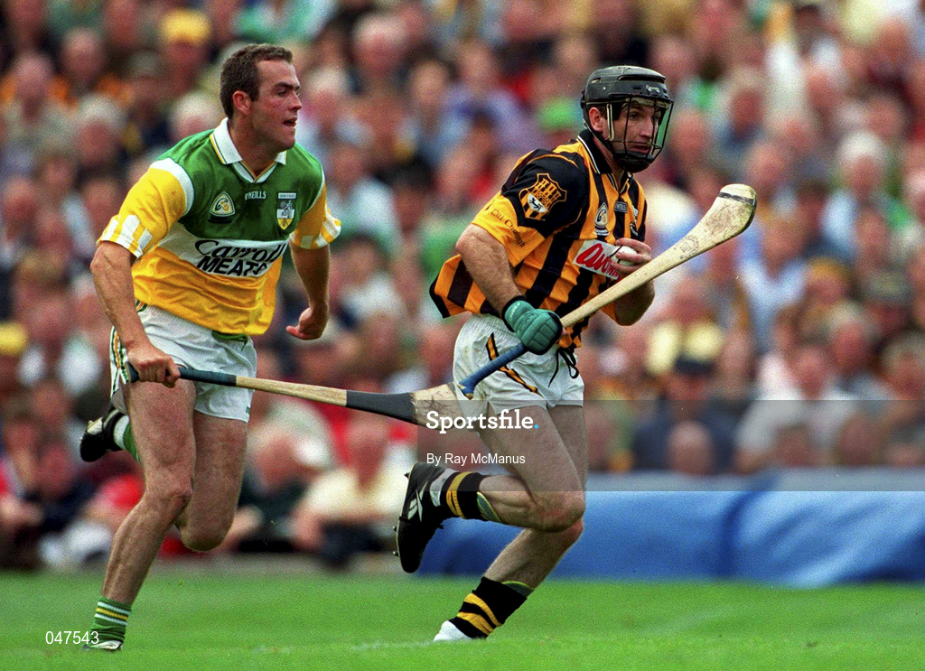 10 September 2000; DJ Carey of Kilkenny in action against Kevin Martin of Offaly during the All-Ireland Senior Hurling Championship Final match between Kilkenny and Offaly at Croke Park in Dublin. Photo by Ray McManus/Sportsfile