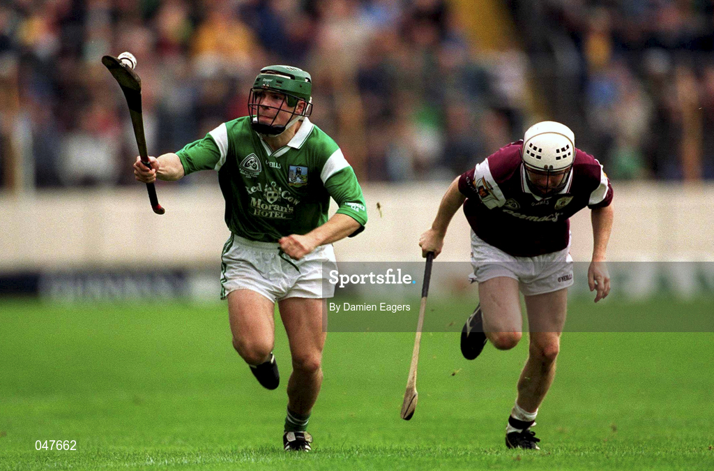 17 September 2000; Donnacha Sheehan of Limerick races clear of Jamie Cannon of Galway during the All Ireland Under-21 Hurling Championship Final match between Galway and Limerick at Semple Stadium in Thurles, Tipperary. Photo by Damien Eagers/Sportsfile