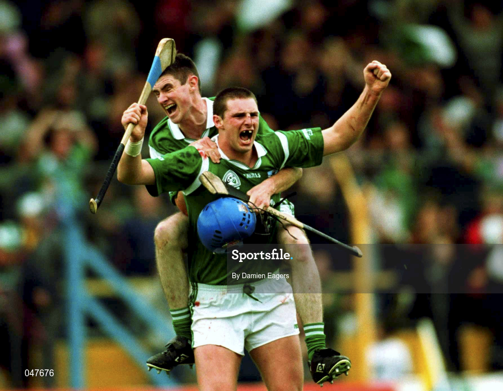 17 September 2000; Limerick forwards Brian Begley and Paul O'Grady celebrate at the final whistle following the All Ireland Under-21 Hurling Championship Final match between Galway and Limerick at Semple Stadium in Thurles, Tipperary. Photo by Damien Eagers/Sportsfile