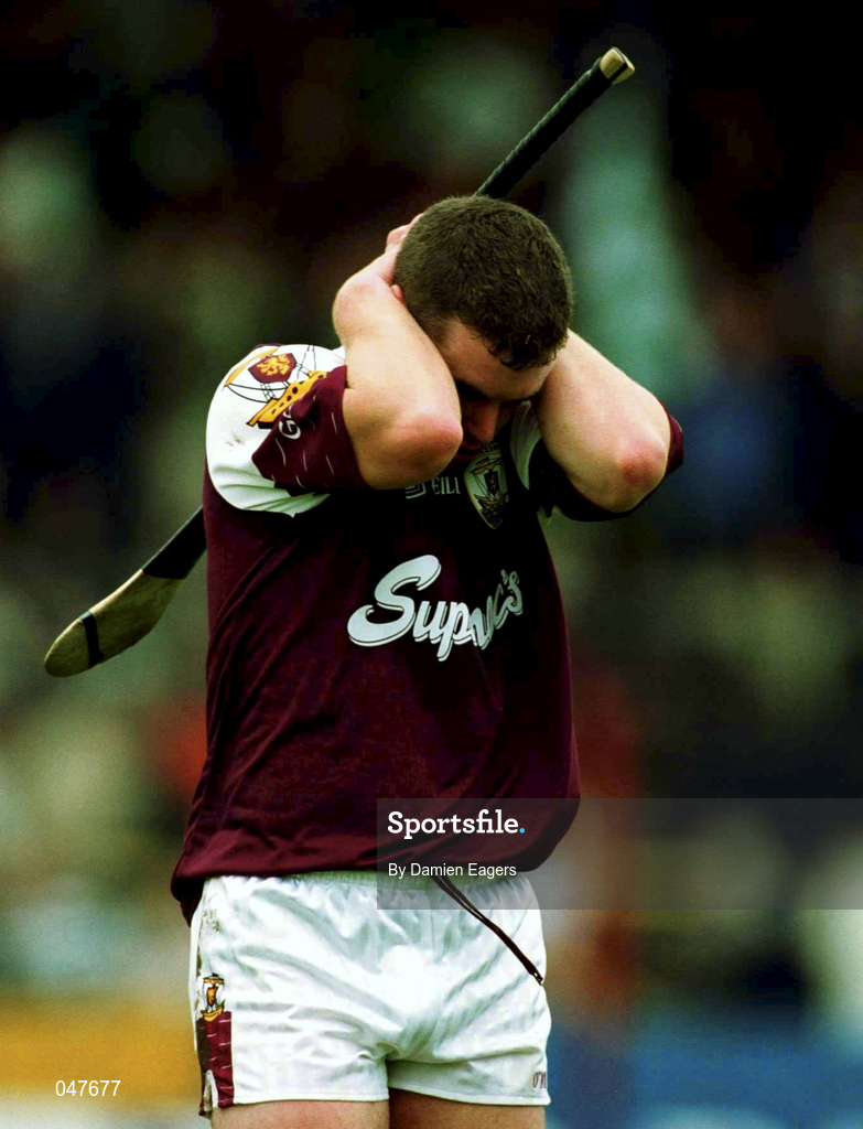 17 September 2000; Galway captain Stephen Morgan shows his disappointment at the final whistle following the All Ireland Under-21 Hurling Championship Final match between Galway and Limerick at Semple Stadium in Thurles, Tipperary. Photo by Damien Eagers/Sportsfile