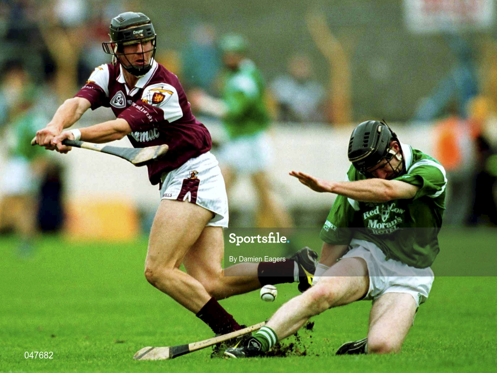 17 September 2000; Donnacha Sheehan of Limerick in action against Jamie Cannon of Galway during the All Ireland Under-21 Hurling Championship Final match between Galway and Limerick at Semple Stadium in Thurles, Tipperary. Photo by Damien Eagers/Sportsfile