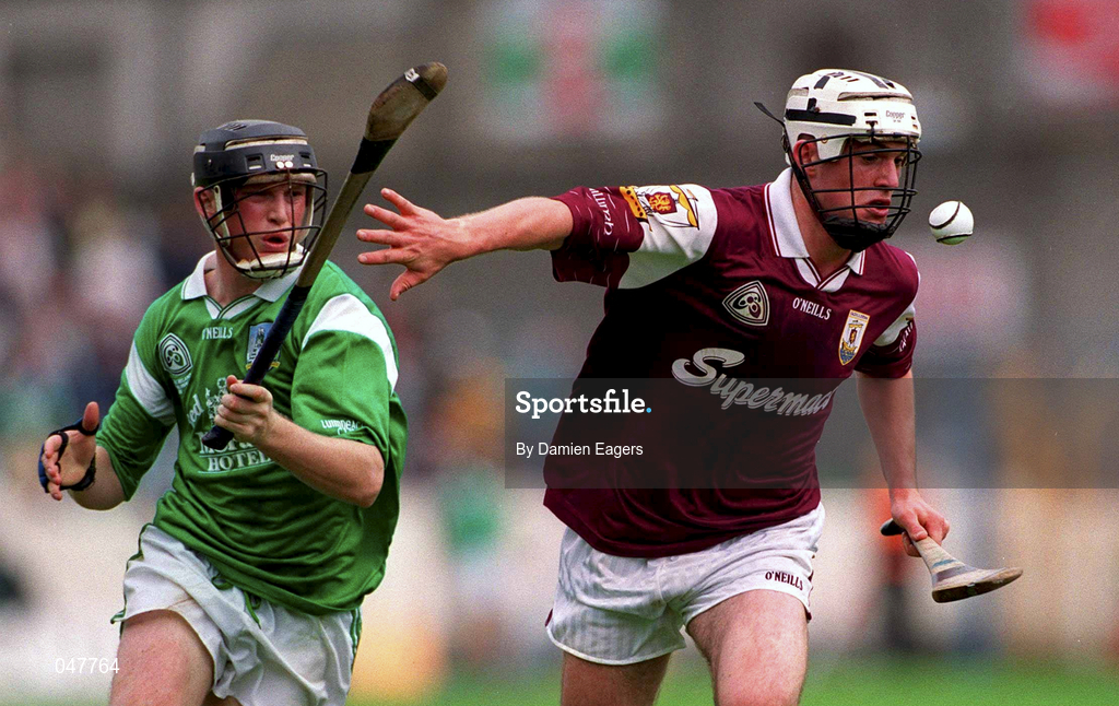 17 September 2000; David Forde of Galway in action against John Meskell of Limerick during the All Ireland Under-21 Hurling Championship Final match between Galway and Limerick at Semple Stadium in Thurles, Tipperary. Photo by Damien Eagers/Sportsfile