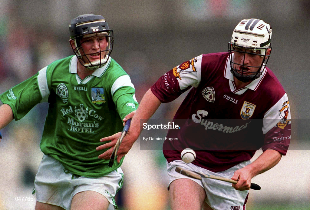17 September 2000; David Forde of Galway in action against John Meskell of Limerick during the All Ireland Under-21 Hurling Championship Final match between Galway and Limerick at Semple Stadium in Thurles, Tipperary. Photo by Damien Eagers/Sportsfile