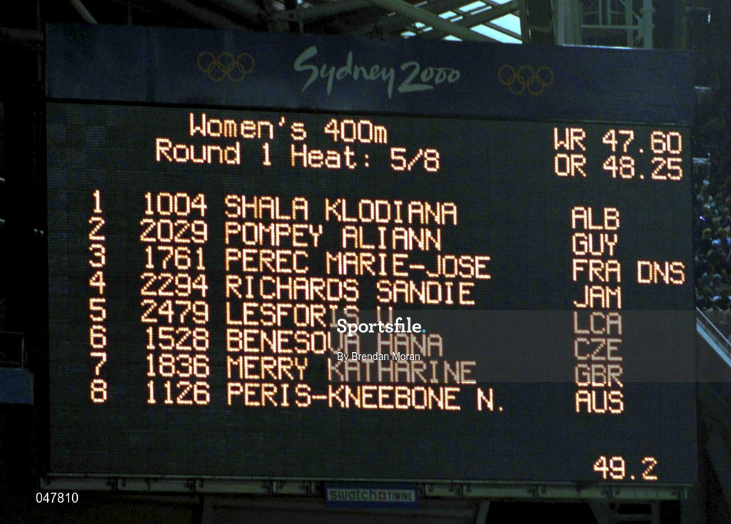 22 September 2000; The scoreboard at the start of the Women's 400m heat in which France's Jose Marie Perec, with the letters DNS after it, was due to start. She left Australia on Wednesday evening after alledgedly receiving a threat. Stadium Australia, Sydney Olympic Park. Homebush Bay, Sydney, Australia. Photo by Brendan Moran/Sportsfile