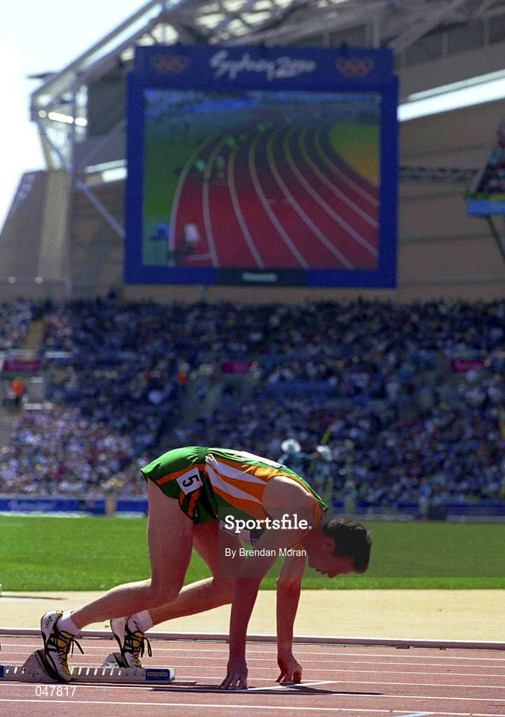 22 September 2000; Ireland's Tomas Coman on the starting blocks for his heat of the men's 400m. Stadium Australia, Sydney Olympic Park. Homebush Bay, Sydney, Australia.  Photo by Brendan Moran/Sportsfile