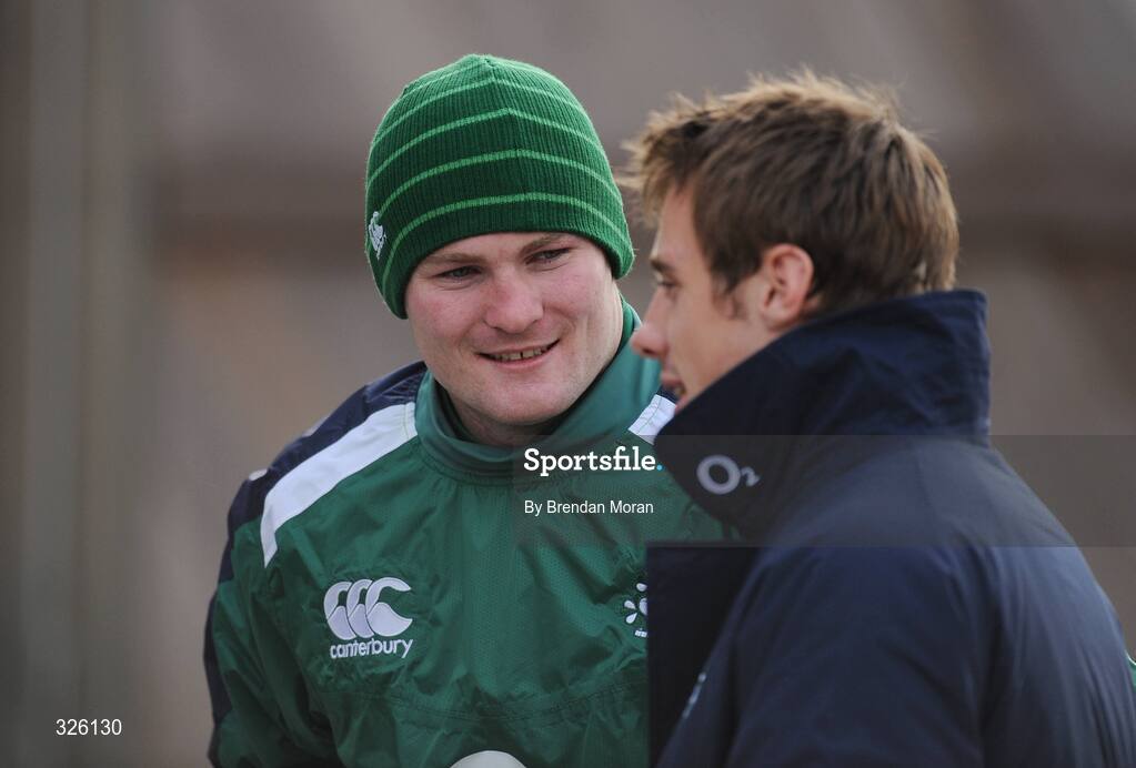 3 November 2008; Lock Donnacha Ryan, left, in conversation with Tommy Bowe, during Ireland Rugby Squad Training. Donnybrook Stadium, Donnybrook, Dublin. Picture credit: Brendan Moran / SPORTSFILE
