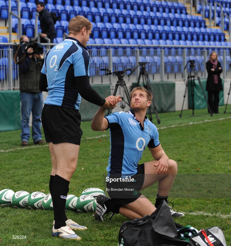 4 November 2008; Jamie Heaslip and Luke Fitzgerald arrive before Ireland Rugby Squad Training. Donnybrook Stadium, Donnybrook, Dublin. Picture credit: Brendan Moran / SPORTSFILE