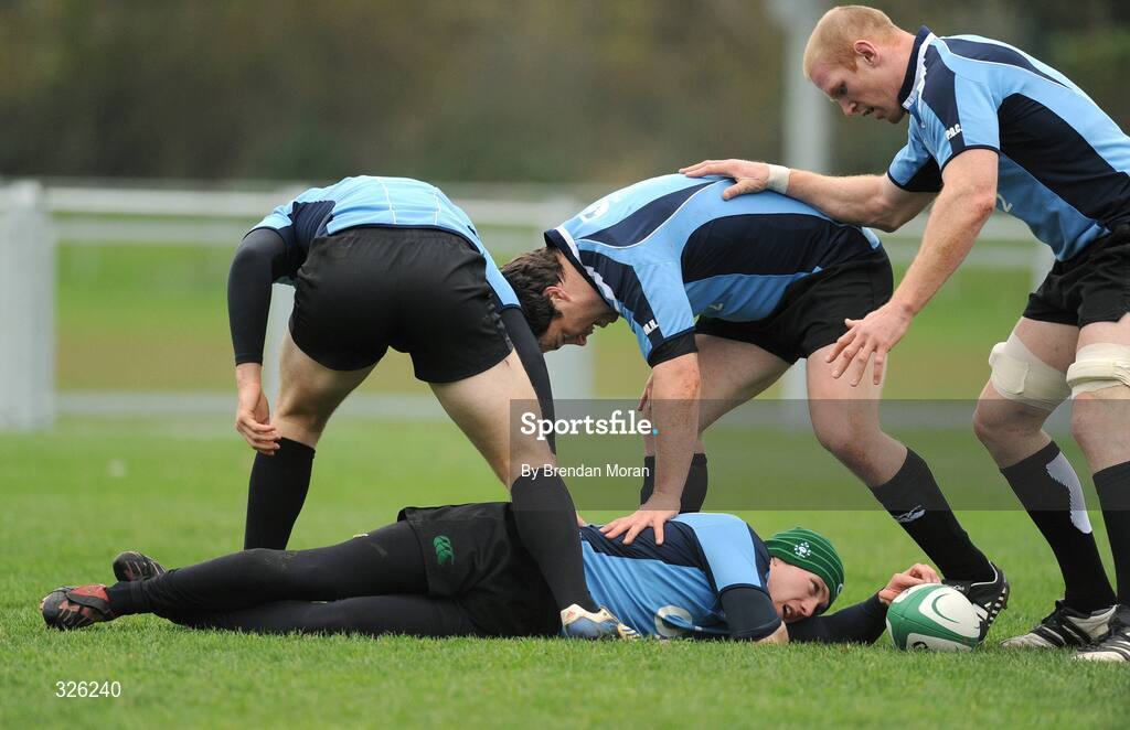 4 November 2008; Keith Earls lays the ball for forwards Marcus Horan and Paul O'Connell during Ireland Rugby Squad Training. Donnybrook Stadium, Donnybrook, Dublin. Picture credit: Brendan Moran / SPORTSFILE