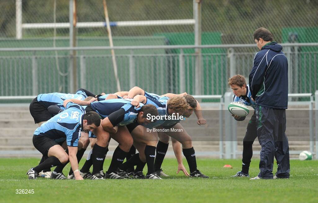 4 November 2008; The pack scrum down watched by forwards coach Gert Smal during Ireland Rugby Squad Training. Donnybrook Stadium, Donnybrook, Dublin. Picture credit: Brendan Moran / SPORTSFILE