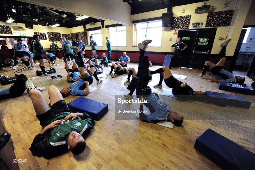 4 November 2008; Members of the Irish rugby squad do some warm-up exercises during Ireland Rugby Squad Training. Donnybrook Stadium, Donnybrook, Dublin. Picture credit: Brendan Moran / SPORTSFILE
