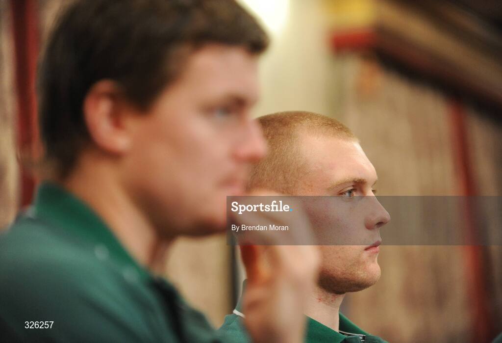 4 November 2008; Keith Earls, who earns his first full cap on Saturday next at full-back, in the company of captain Brian O'Driscoll, during an Ireland Rugby Media Conference. Fitzpatrick's Castle Hotel, Killiney, Dublin. Picture credit: Brendan Moran / SPORTSFILE
