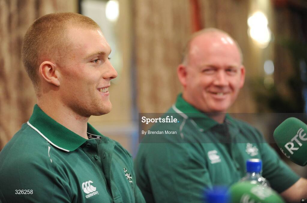 4 November 2008; Keith Earls, who earns his first full cap on Saturday next at full-back, in the company of head coach Declan Kidney, during an Ireland Rugby Media Conference. Fitzpatrick's Castle Hotel, Killiney, Dublin. Picture credit: Brendan Moran / SPORTSFILE