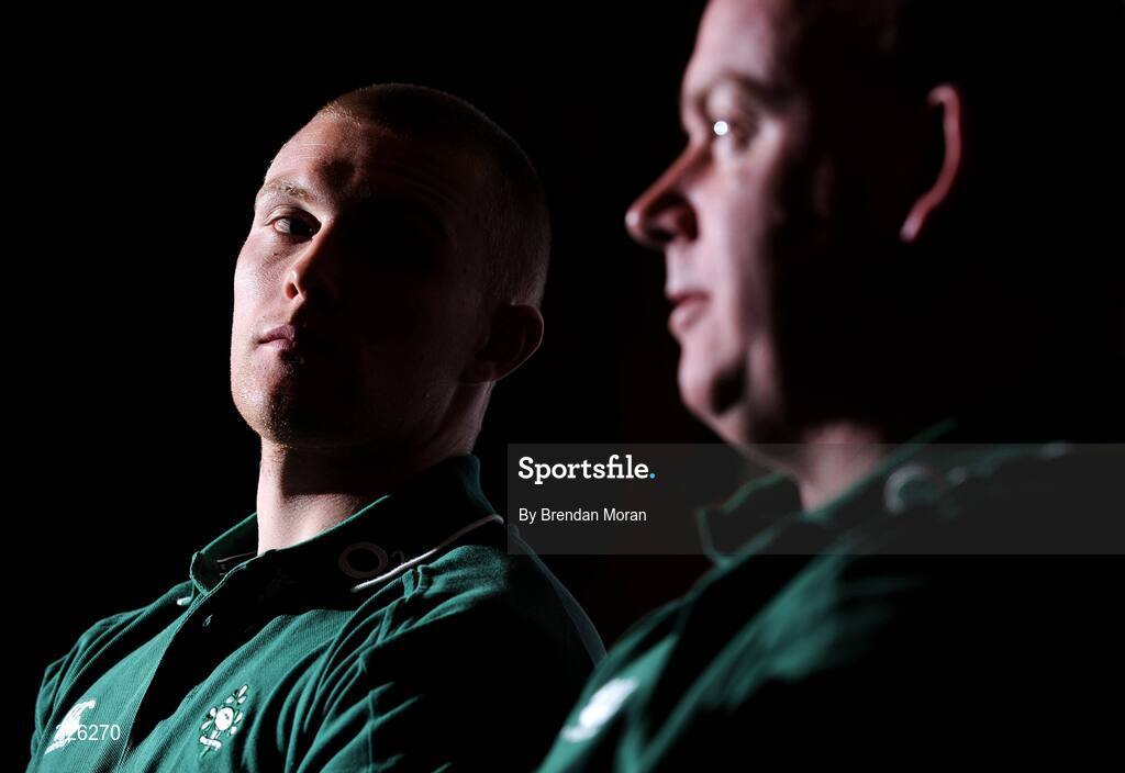 4 November 2008; Keith Earls, who earns his first full cap on Saturday next at full-back, in the company of head coach Declan Kidney, during an Ireland Rugby Media Conference. Fitzpatrick's Castle Hotel, Killiney, Dublin. Picture credit: Brendan Moran / SPORTSFILE