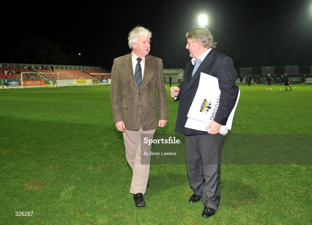 4 November 2008; General Manager of Cork City FC, Gerry Nagle, right, after he was presented with a cheque for €150,000 by Chairman of the Setanta Sports Cup Organising Commitee Milo Corcoran for their cup final win. eircom League of Ireland Premier Division, St. Patrick's Athletic v Cork City, Richmond Park, Dublin. Picture credit: Brian Lawless / SPORTSFILE