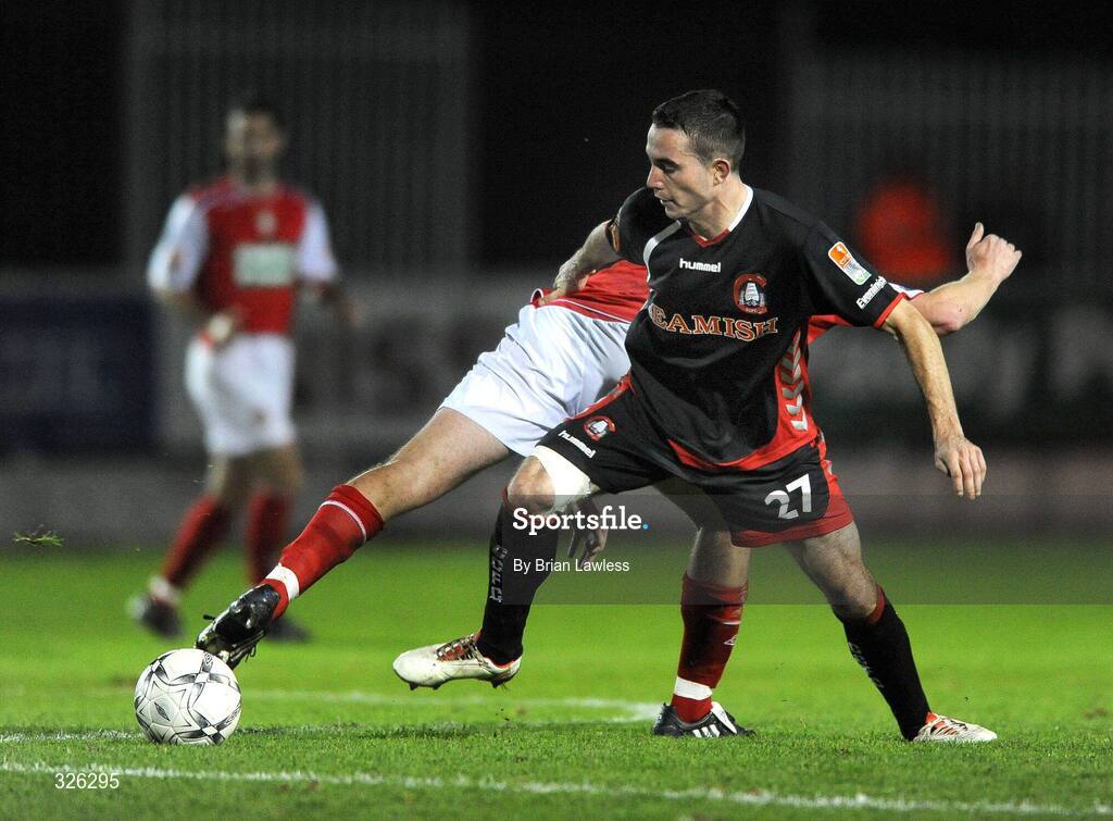 4 November 2008; Alan O'Connor, Cork City, in action against Derek O'Brien, St. Patrick’s Athletic. eircom League of Ireland Premier Division, St. Patrick’s Athletic v Cork City, Richmond Park, Dublin. Picture credit: Brian Lawless / SPORTSFILE