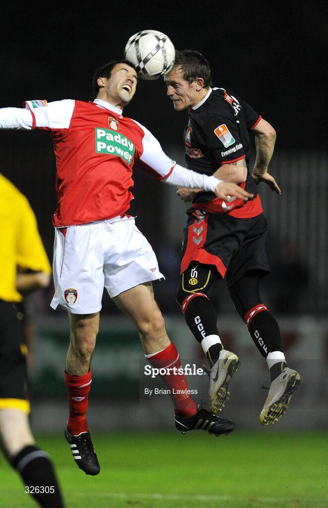4 November 2008; Keith Fahy, St. Patrick’s Athletic, in action against Joe Gamble, Cork City. eircom League of Ireland Premier Division, St. Patrick’s Athletic v Cork City, Richmond Park, Dublin. Picture credit: Brian Lawless / SPORTSFILE