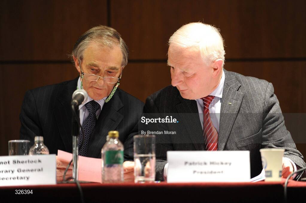 31 October 2008; Dermot Sherlock, left, Honorary General Secretary of the OCI, in conversation with Patrick Hickey, President of the OCI, during an Extraordinary General Meeting of the Olympic Council of Ireland. Croke Park, Dublin. Picture credit: Brendan Moran / SPORTSFILE