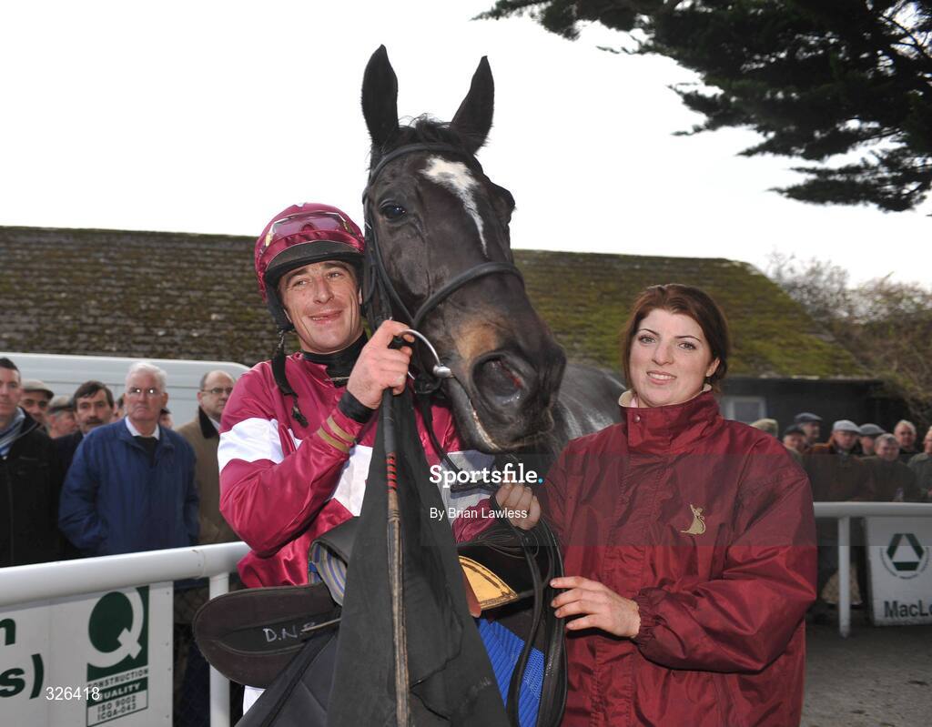 6 November 2008; Jockey Davy Russell and stable hand Sarah Smith celebrate after winning the Thurles Steeplechase on War of Attrition. Thurles Racecourse, Thurles, Co. Tipperary. Picture credit: Brian Lawless / SPORTSFILE
