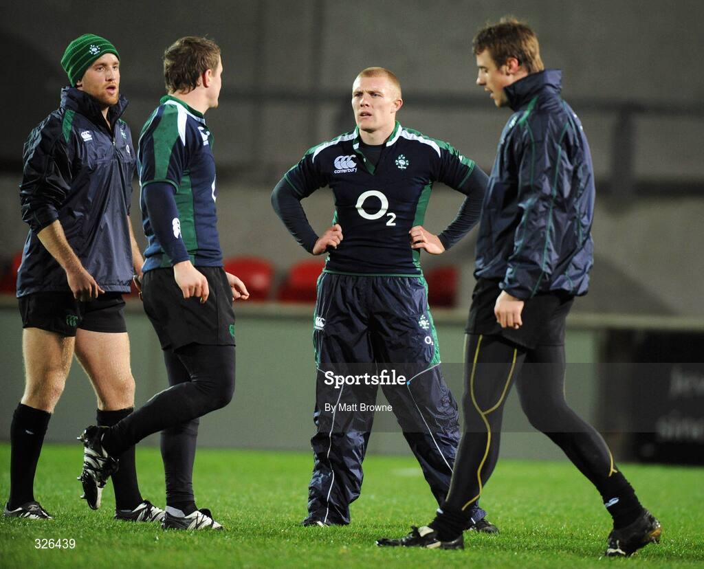 6 November 2008; Keith Earls, second from right, with from left, Luke Fitzgerald, Brian O'Driscoll and Tommy Bowe during Ireland rugby squad training. Thomond Park, Limerick. Picture credit: Matt Browne / SPORTSFILE