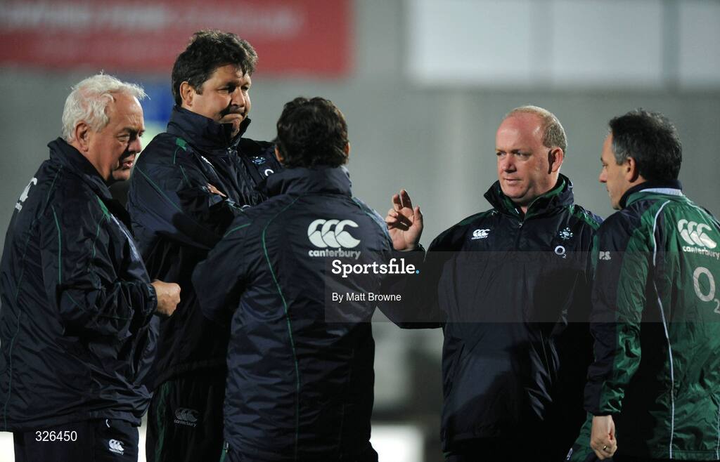 6 November 2008; Head coach Declan Kidney, second from right, with his managment team, from left, Alan Gaffney, backs coach, Gert Smal, forwards coach, Les Kiss, defence coach, and kicking coach Mark Tainton during Ireland rugby squad training. Thomond Park, Limerick. Picture credit: Matt Browne / SPORTSFILE
