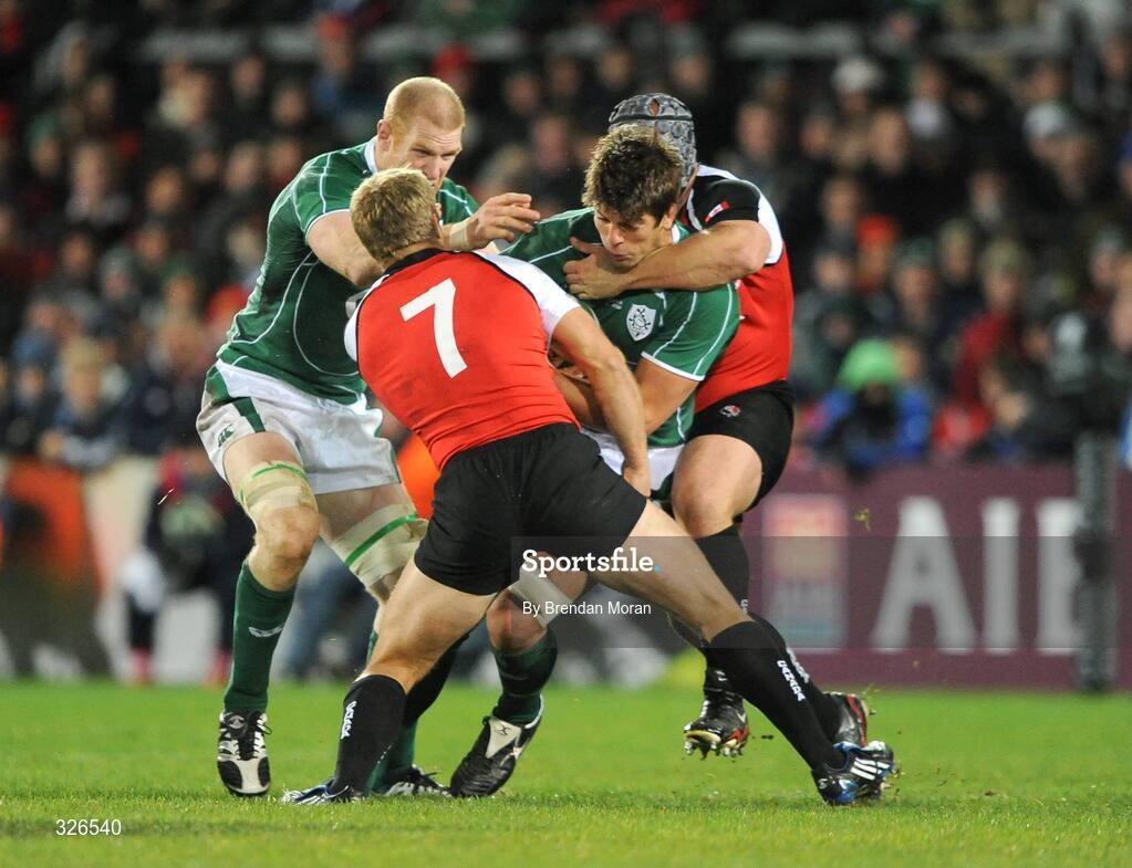 8 November 2008; Ireland's Donncha O'Callaghan, supported by team-mate Paul O'Connell, is tackled by Canada's Adam Kleeberger, no.7, and Michael Burak. Guinness Autumn Internationals, Ireland v Canada, Thomond Park, Limerick. Picture credit: Brendan Moran / SPORTSFILE