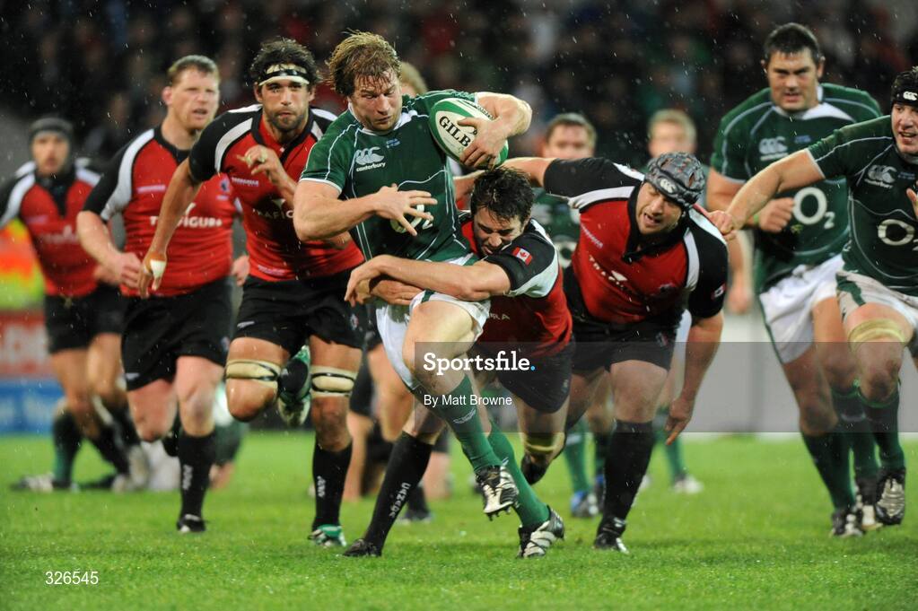 8 November 2008; Jerry Flannery, Ireland, is tackled by Sean-Michaels Stephen and Mike Burak, Canada. Guinness Autumn Internationals, Ireland v Canada, Thomond Park, Limerick. Picture credit: Matt Browne / SPORTSFILE