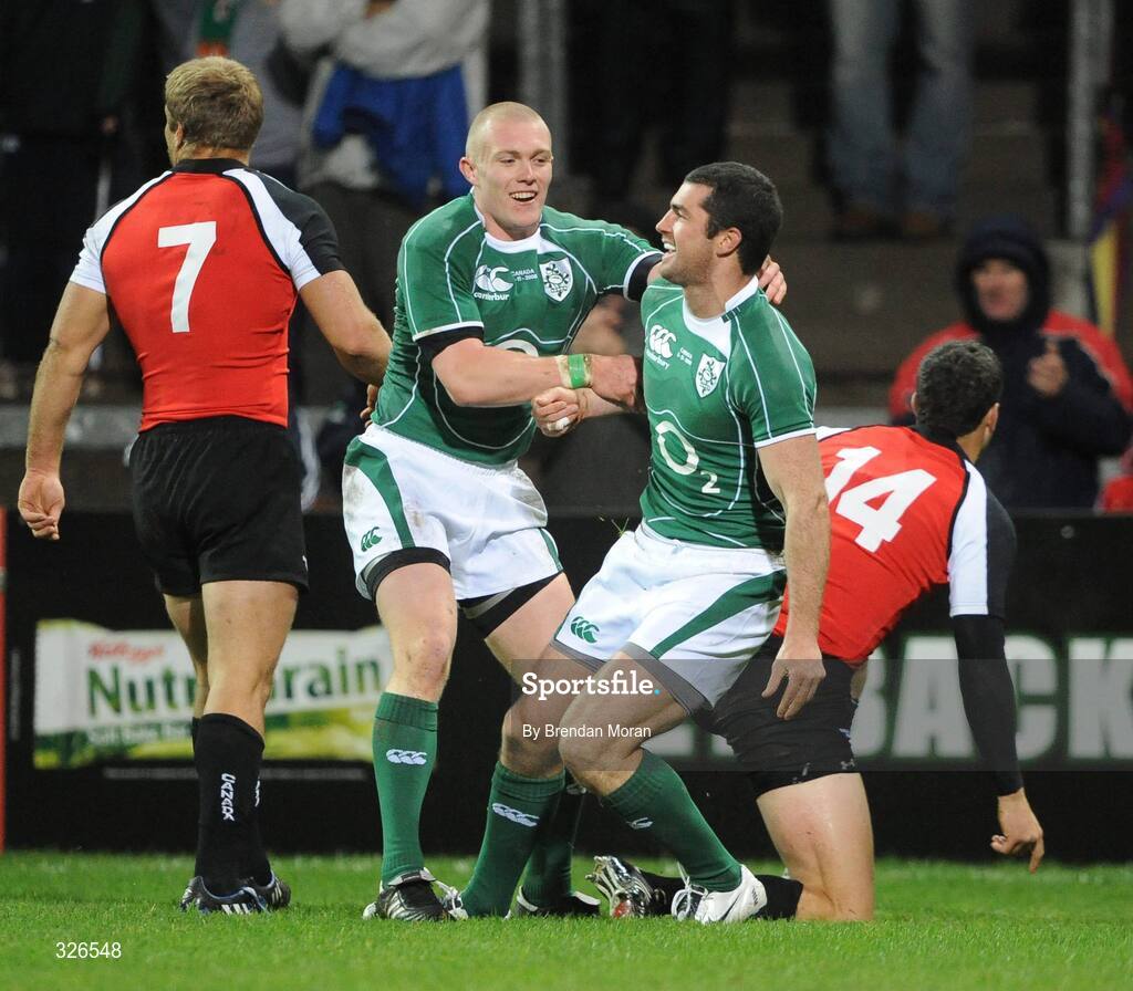 8 November 2008; Ireland's Keith Earls, left, congratulates team-mate Rob Kearney on scoring their side's second try. Guinness Autumn Internationals, Ireland v Canada, Thomond Park, Limerick. Picture credit: Brendan Moran / SPORTSFILE
