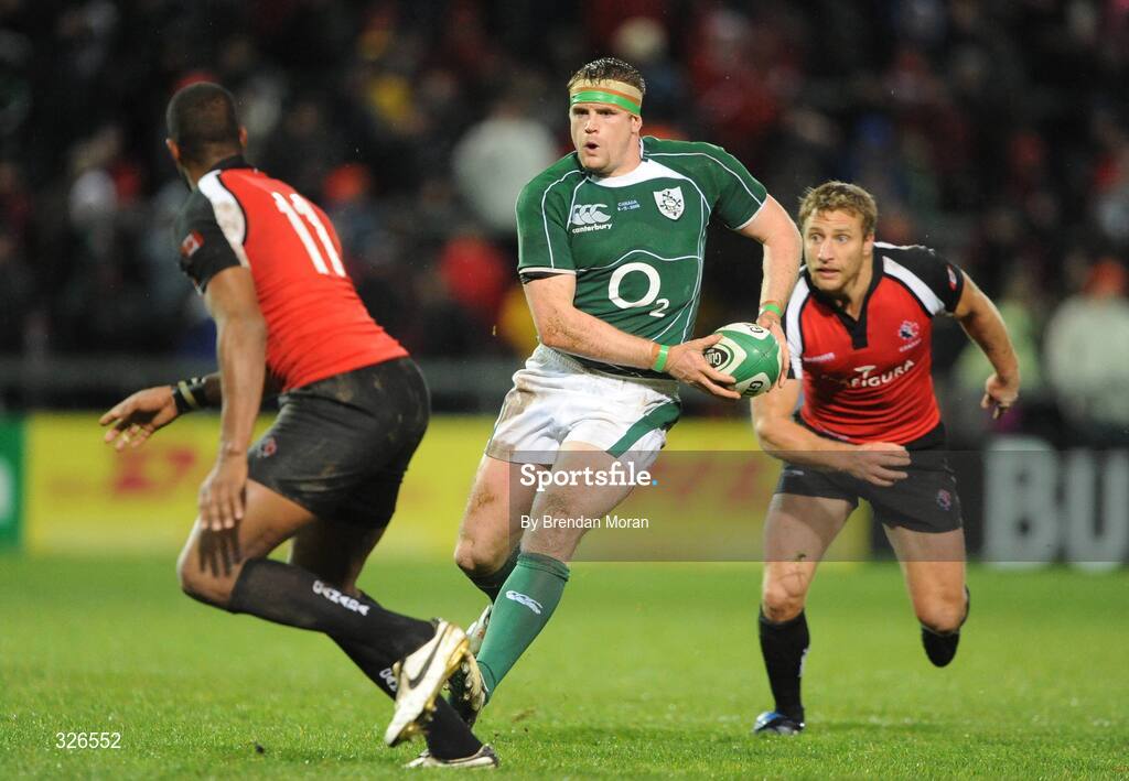 8 November 2008; Ireland's Jamie Heaslip  in action against Canada's Justin Menash Coker, left, and Adam Kleeberger. Guinness Autumn Internationals, Ireland v Canada, Thomond Park, Limerick. Picture credit: Brendan Moran / SPORTSFILE