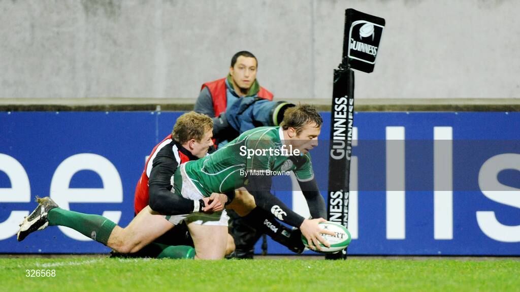 8 November 2008; Tommy Bowe, Ireland, goes over for his try against Canada despite the tackle of Phil MacKenzie. Guinness Autumn Internationals, Ireland v Canada, Thomond Park, Limerick. Picture credit: Matt Browne / SPORTSFILE