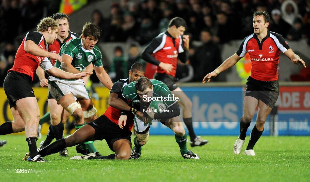 8 November 2008; Brian O'Driscoll, Ireland, is tackled by Justin Mensah-Coker, Canada. Guinness Autumn Internationals, Ireland v Canada, Thomond Park, Limerick. Picture credit: Matt Browne / SPORTSFILE