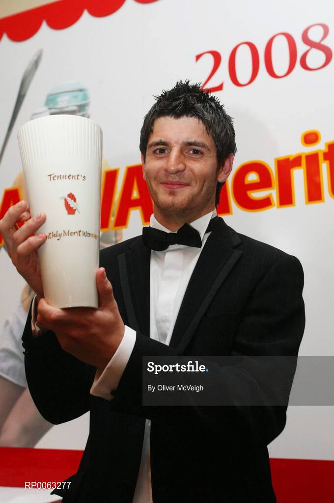 1 November 2008; Cushendall Ruairi Og's hurler Shane McNaughton is presented with the October Tennent’s/Ulster GAA Writers’ Award  at the Ulster GAA Writers’ banquet in the The Hillgrove Hotel, Leisure & Spa, Monaghan. Shane has been in the Cushendall senior panel since the age of 15 and has been three years in the Antrim senior squad. To date, he has won two Ulster and three Antrim senior medals plus three Ulster Minor awards and a Walsh Cup medal. The Hillgrove Hotel, Leisure & Spa, Monaghan. Picture credit: Oliver McVeigh / SPORTSFILE