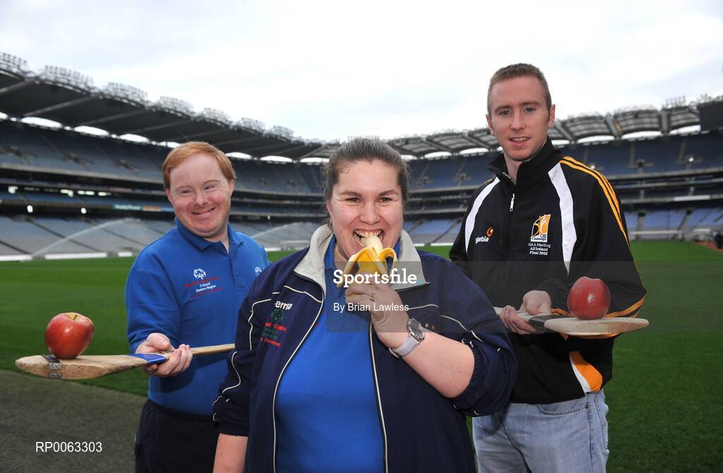 6 November 2008; Special Olympics Athletes Lynn Conroy and Brian Keogh with Kilkenny hurler James 'Cha' Fitzpatrick at the Special Olympics Ireland launch of their new Health Promotion Programme in Croke Park, the aim of the Programme, which is supported by the Daughters of Charity Service and the Health Service Executive, is to develop a pack of health promotion resources to be used by people with intellectual disabilities. Croke Park, Dublin. Picture credit: Brian Lawless / SPORTSFILE