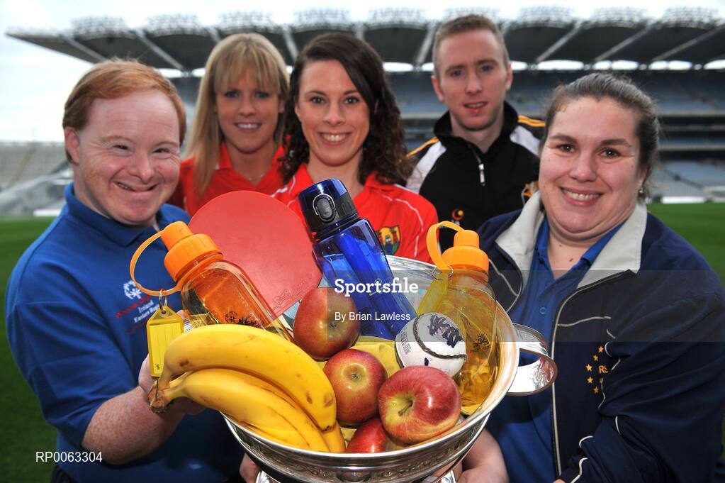 6 November 2008; Special Olympics Ireland launched their new Health Promotion Programme in Croke Park, the aim of the Programme, which is supported by the Daughters of Charity Service and the Health Service Executive, is to develop a pack of health promotion resources to be used by people with intellectual disabilities. At the launch are Special Olympics Athletes Brian Keogh, left, and Lynn Conroy, right, along with GAA Stars, from left, Cork footballer Angela Walsh, Cork camogie star Catriona Foley, and Kilkenny hurler James 'Cha' Fitzpatrick. Croke Park, Dublin. Picture credit: Brian Lawless / SPORTSFILE