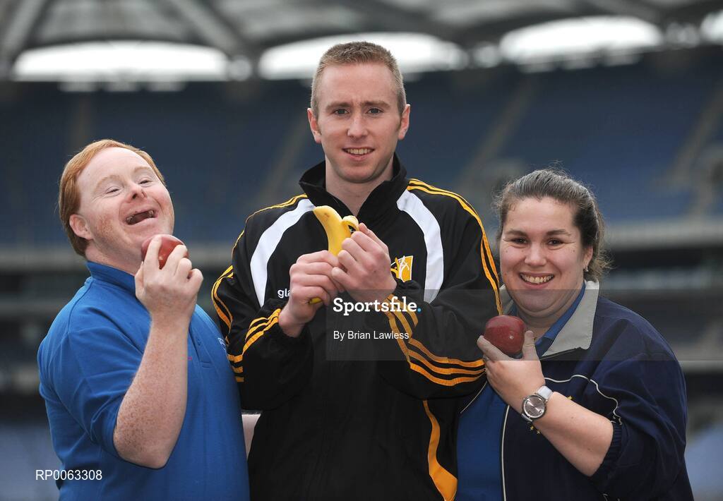 6 November 2008; Special Olympics Ireland launched their new Health Promotion Programme in Croke Park, the aim of the Programme, which is supported by the Daughters of Charity Service and the Health Service Executive, is to develop a pack of health promotion resources to be used by people with intellectual disabilities. At the launch are Special Olympics Athletes Brian Keogh and Lynn Conroy along with Kilkenny hurler James 'Cha' Fitzpatrick. Croke Park, Dublin. Picture credit: Brian Lawless / SPORTSFILE