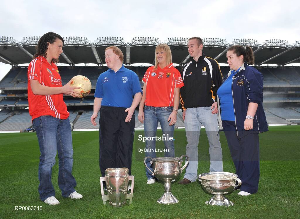 6 November 2008; Special Olympics Ireland launched their new Health Promotion Programme in Croke Park, the aim of the Programme, which is supported by the Daughters of Charity Service and the Health Service Executive, is to develop a pack of health promotion resources to be used by people with intellectual disabilities. At the launch are Special Olympics Athletes Brian Keogh and Lynn Conroy along with GAA Stars Kilkenny hurler James 'Cha' Fitzpatrick, Cork footballer Angela Walsh, centre, and Cork camogie star Catriona Foley, left. Croke Park, Dublin. Picture credit: Brian Lawless / SPORTSFILE