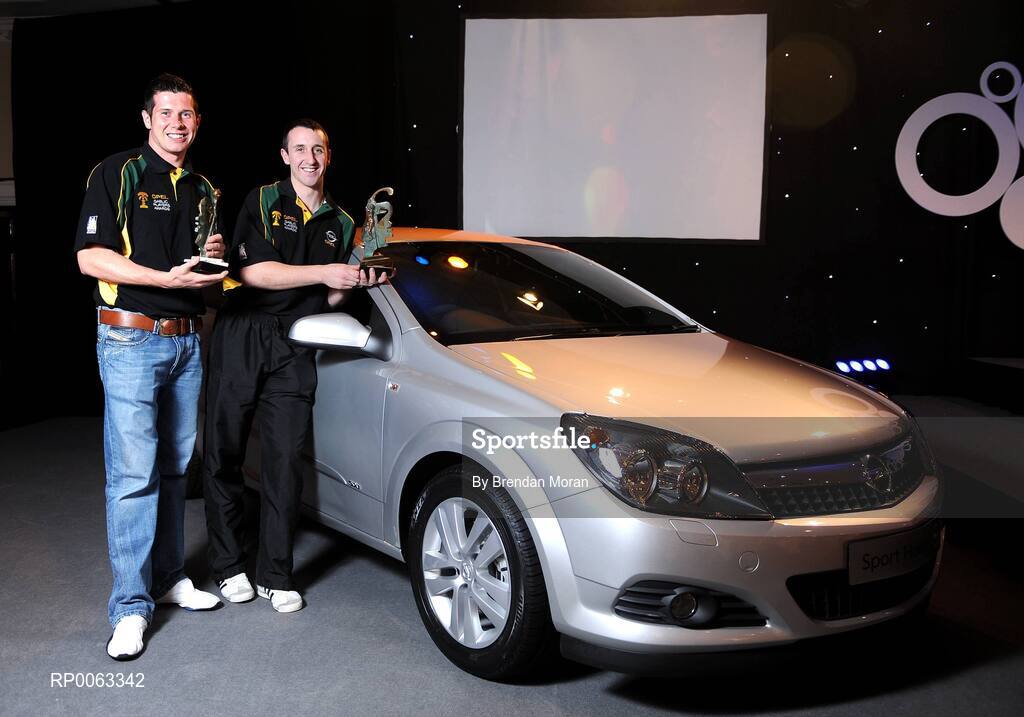 7 November 2008; Tyrone footballer Sean Cavangh, left, who was named Opel Gaelic Players Footballer of the Year and Kilkenny hurler Eoin Larkin who was named Opel Gaelic Players Hurler of the Year at the 2008 Opel Gaelic Players of the Year Awards. Citywest Hotel, Conference, Leisure & Golf Resort, Dublin. Picture credit: Brendan Moran / SPORTSFILE