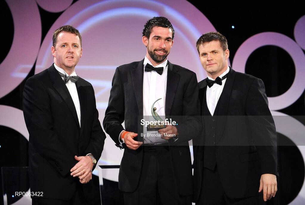 7 November 2008; Joe McMahon, of Tyrone, is presented with his GPA award by Dave Sheeran, Managing Director, OPEL Ireland, left, and Dessie Farrell, Chief Executive, Gaelic Players Association, during the 2008 Opel Gaelic Players of the Year awards for Hurling and Football. Citywest Hotel, Conference, Leisure & Golf Resort, Dublin. Picture credit: Brendan Moran / SPORTSFILE