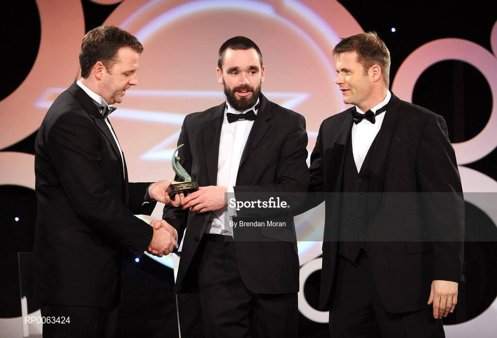 7 November 2008; Ryan McMenamin, of Tyrone, is presented with his GPA award by Dave Sheeran, Managing Director, OPEL Ireland, left, and Dessie Farrell, Chief Executive, Gaelic Players Association, during the 2008 Opel Gaelic Players of the Year awards for Hurling and Football. Citywest Hotel, Conference, Leisure & Golf Resort, Dublin. Picture credit: Brendan Moran / SPORTSFILE