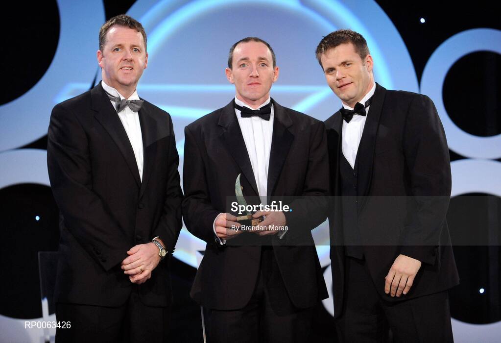 7 November 2008; Brian Dooher, of Tyrone, is presented with his GPA award by Dave Sheeran, Managing Director, OPEL Ireland, left, and Dessie Farrell, Chief Executive, Gaelic Players Association, during the 2008 Opel Gaelic Players of the Year awards for Hurling and Football. Citywest Hotel, Conference, Leisure & Golf Resort, Dublin. Picture credit: Brendan Moran / SPORTSFILE