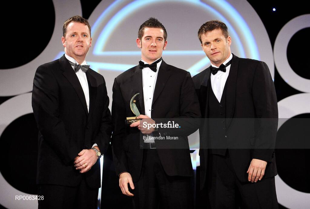 7 November 2008; Philip Jordan, of Tyrone, is presented with his GPA award by Dave Sheeran, Managing Director, OPEL Ireland, left, and Dessie Farrell, Chief Executive, Gaelic Players Association, during the 2008 Opel Gaelic Players of the Year awards for Hurling and Football. Citywest Hotel, Conference, Leisure & Golf Resort, Dublin. Picture credit: Brendan Moran / SPORTSFILE