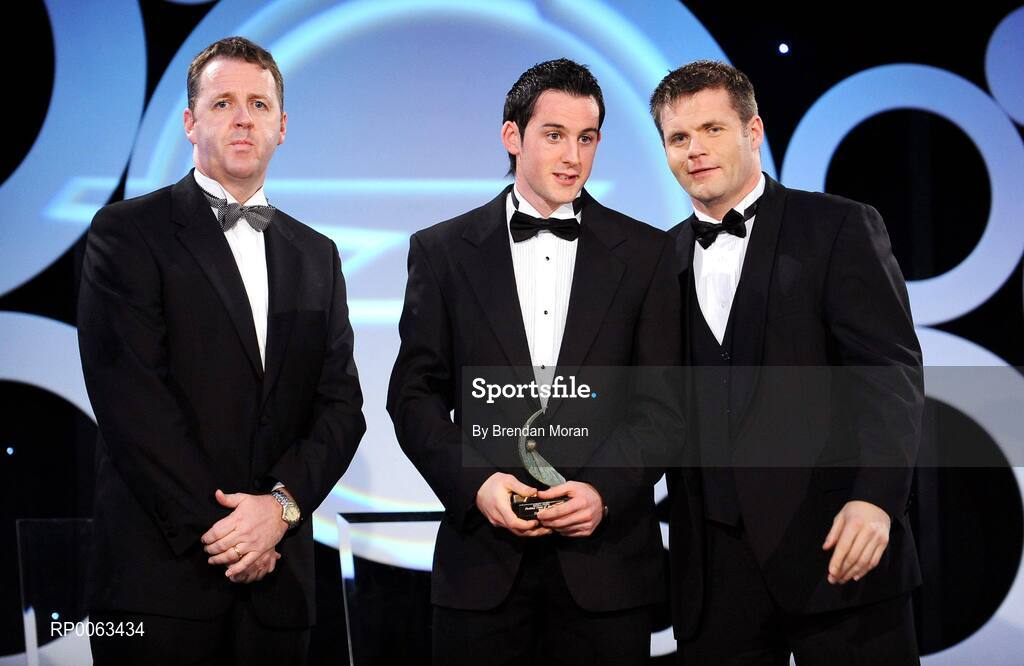 7 November 2008; Davy Harte, of Tyrone, is presented with his GPA award by Dave Sheeran, Managing Director, OPEL Ireland, left, and Dessie Farrell, Chief Executive, Gaelic Players Association, during the 2008 Opel Gaelic Players of the Year awards for Hurling and Football. Citywest Hotel, Conference, Leisure & Golf Resort, Dublin. Picture credit: Brendan Moran / SPORTSFILE