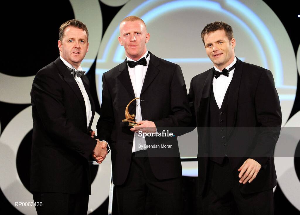 7 November 2008; John Mullane, of Waterford, is presented with his OPEL GPA award by Dave Sheeran, Managing Director, OPEL Ireland, left, and Dessie Farrell, Chief Executive, Gaelic Players Association, during the 2008 Opel Gaelic Players of the Year awards for Hurling and Football. Citywest Hotel, Conference, Leisure & Golf Resort, Dublin. Picture credit: Brendan Moran / SPORTSFILE